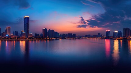 Obraz premium Cityscape at Dusk, Serene Reflections on the River