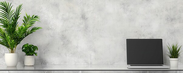 Startup culture growth hacking concept. A minimalist workspace featuring a laptop and potted plants against a textured grey wall, creating a serene and modern aesthetic.
