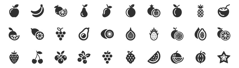 Fruits, berries icon set. Vector glyph pictograms of apple, banana, orange lemon, grape, pineapple, coconut, cherry, strawberry black silhouette illustration. Healthy fresh organic nutrition.