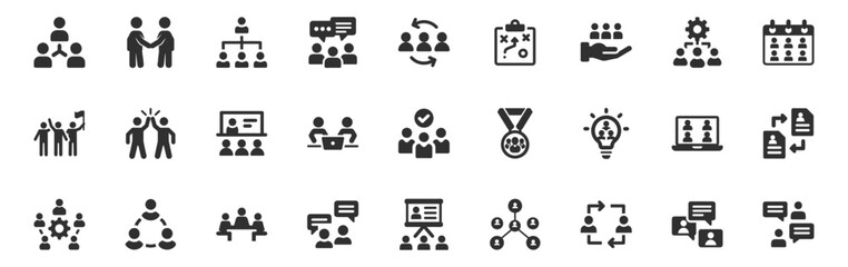 Teamwork and collaboration icon set. Vector glyph pictograms of business, leadership, and communication concepts, meetings, brainstorming, success networking black silhouette illustration.