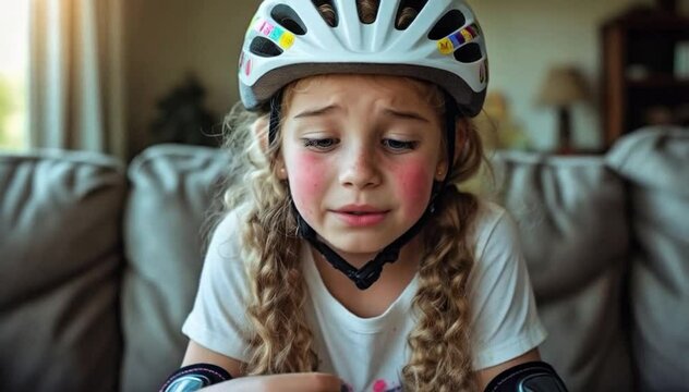 Garotinha com capacete de bicicleta conversando
