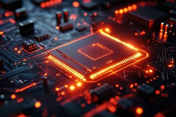 Glowing CPU illuminated circuit board detail
