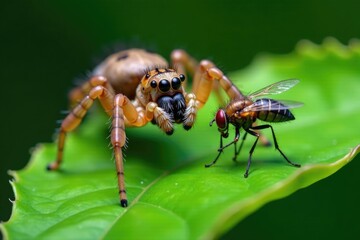 Fototapeta premium Spider's abdomen and pedipalps inject venom into fly on leaf, hunting, insect, leaf