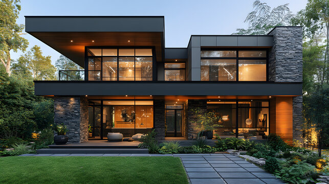 This stunning stock photo showcases a beautifully crafted modern house design featuring a bold and sophisticated facade with a warm color palette and exquisite attention to detail.