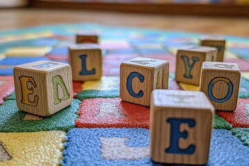 Colorful Wooden Alphabet Blocks on a Play Mat for Children