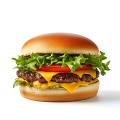 A grilled beef burger sandwich with cheese and lettuce, isolated on white
