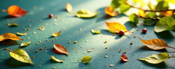 Sprinkling of leaves and twigs on a clean surface, foliage, foliage