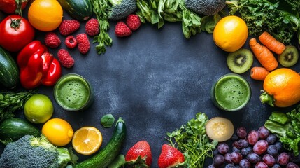 Vibrant Colorful Fruits and Vegetables Arrangement with Green Smoothies