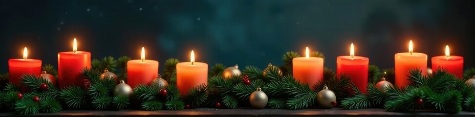 Twinkling candles on evergreen branches forming a festive border, Branches, Christmas, Festive