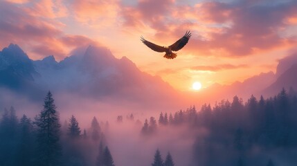 Fototapeta premium Majestic eagle soars sunset mountainscape fog