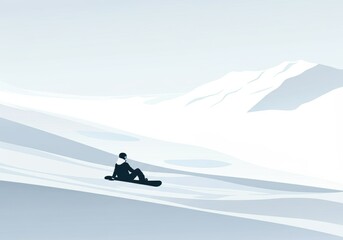 Snowboarder gliding down a serene snowy slope in a minimalist landscape