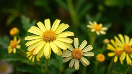 Fototapeta premium chamomile plant with yellow petals and green leaves, herb, flora
