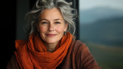 A warm and inviting portrait of a smiling woman wearing an orange scarf, exuding confidence and joy against a backdrop of nature's serenity and soft lighting.