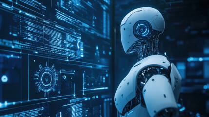 humanoid robot interacts with digital interface, showcasing advanced AI technology in futuristic setting. scene highlights hyperautomation in digital business with AI powered workflows