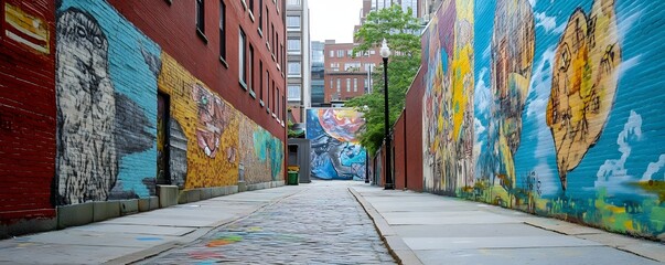 A narrow urban alleyway displays colorful murals on brick walls