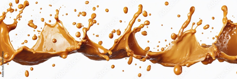 Poster dynamic splashes of caramel-colored liquid creating an artistic pattern on a white background