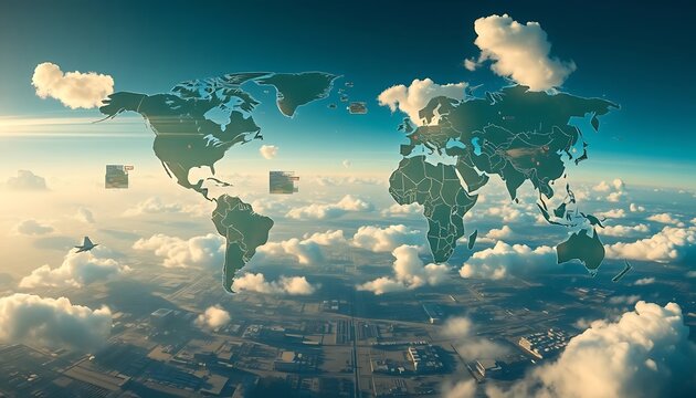 The planet earth map floats amongst fluffy white clouds in sky - Powered by Adobe