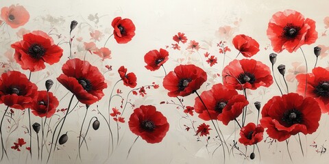 Floating red poppies with delicate black centers on a soft ivory background