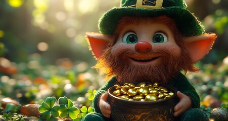  Cheerful Leprechaun with Orange Hair and Pot of Gold Among Clovers