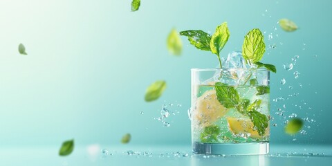 Floating refreshing herbal drinks with mint leaves on a soft light blue background