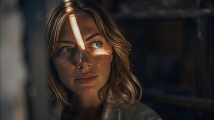 Portrait of a young woman,shot in shadows, with a vertical beam of light projected onto her eye