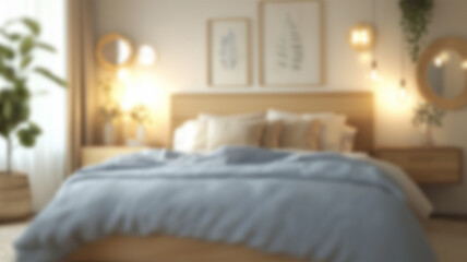 Blurred background of a serene scandinavian bedroom featuring soft lighting, natural wood accents, and peaceful decor. perfect for creating a calming atmosphere in your home. Ai Generated Images