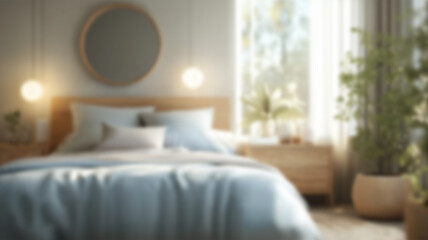Blurred background of a serene scandinavian bedroom featuring soft lighting, natural wood accents, and peaceful decor. perfect for creating a calming atmosphere in your home. Ai Generated Images