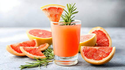 Vibrant Pink Grapefruit Juice Cocktail with Rosemary Garnishes on a Textured Surface