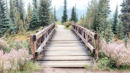 Obraz premium Picturesque Wooden Bridge Surrounded by Towering Forest Landscape A serene and rustic pathway winding through a peaceful natural environment inviting and tranquil contemplation