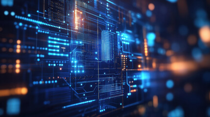 Fototapeta premium futuristic digital interface with glowing blue and orange circuitry represents concept of cyber technology and digital transformation