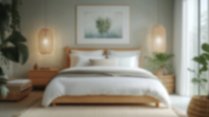 Blurred background of a serene scandinavian bedroom featuring soft lighting, natural wood accents, and peaceful decor. perfect for creating a calming atmosphere in your home. Ai Generated Images