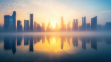 Fototapeta premium Misty cityscape at sunrise reflecting in calm waters. 3D urban landscape