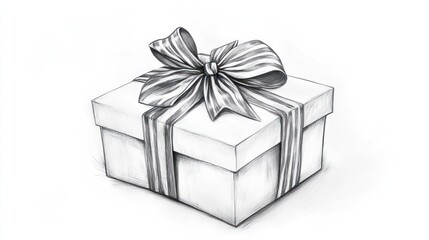 Hand-drawn gift box with ribbon, against white background. Possible use Stock photo for e-commerce, holiday design, or greeting cards