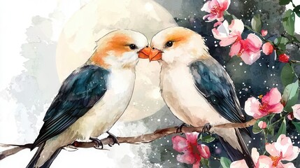 Fototapeta premium Romantic digital painting depicting two lovebirds tenderly embracing and nuzzling on a branch adorned with delicate pink flowers and blossoms symbolizing love affection and the beauty of nature