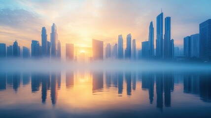 Fototapeta premium Awe-inspiring urban skyline at sunrise with misty reflections. 3D urban landscape