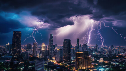 Massive lightning bolts strike near skyscrapers in vibrant cityscape, illuminating night sky with dramatic intensity. stormy weather creates breathtaking and powerful scene