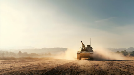Fototapeta premium Military Tank Driving Across Dusty Field During Sunny Daylight Hours