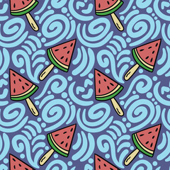 Naklejka premium Watermelon ice cream seamless pattern with blue doodle surroundings.