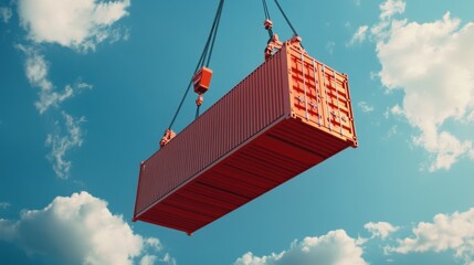 Bright Blue Sky Background with Heavy Crane Lifting a Large Shipping Container High Above the Ground in a Clear Day Light Scene