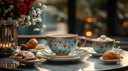 Fototapeta premium Charming cup and saucer placed on a tastefully arranged table for a cozy afternoon tea experience