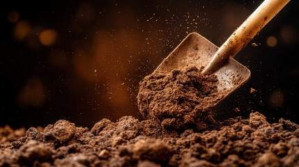A detailed close-up image of a shovel digging into rich, loose earth, highlighting its texture and the essence of nature&rsquo;s raw materials and labor in an artistic manner.