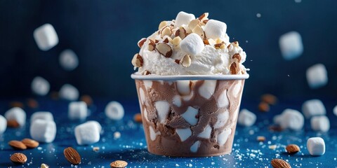 Floating rocky road ice cream with marshmallows and almonds in a cup on a midnight blue background
