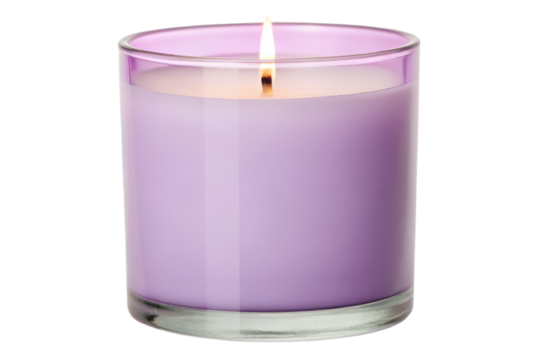 Purple scented candle burning bright isolated with transparent background