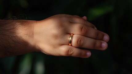 Close-up of a child's hand wearing a gold ring.