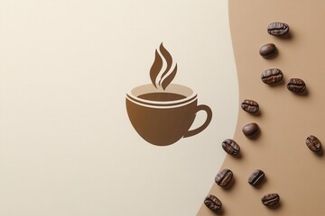 Elegant minimalist coffee cup design featuring steam and coffee beans on warm beige background