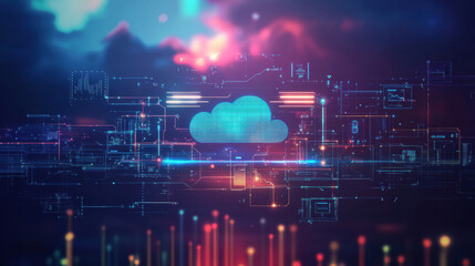 Fototapeta premium digital cloud icon is surrounded by abstract technology elements, symbolizing digital transformation and smart business evolution. vibrant colors and futuristic design convey innovation and
