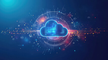 Obraz premium digital cloud icon surrounded by network of glowing lines and symbols represents concept of cloud computing and data connectivity in futuristic digital landscape