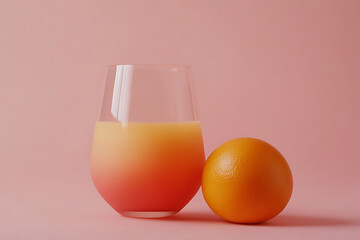 A refreshing glass of orange juice in a transparent glass, with a ripe orange lying beside it.