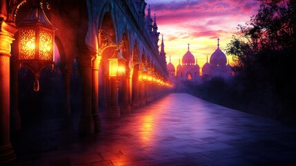 Illuminated walkway towards sunset domes