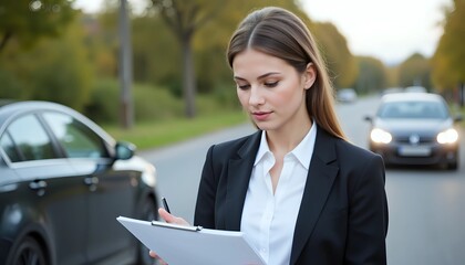 Insurance agent inspecting car damage after accident with clipboard on street